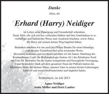 Traueranzeige von Erhard Neidiger von Pegnitz-Zeitung
